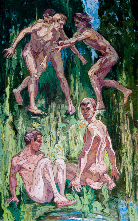 Painting titled "At the forest lake" by Sergey Sovkov, Original Artwork