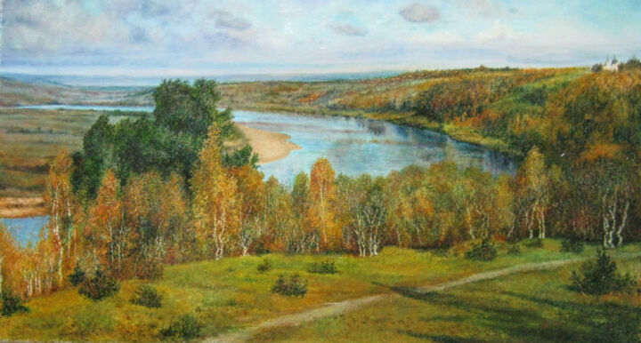 Painting titled "Golden autumn" by Sergey Suslov, Original Artwork, Oil Mounted on Wood Stretcher frame