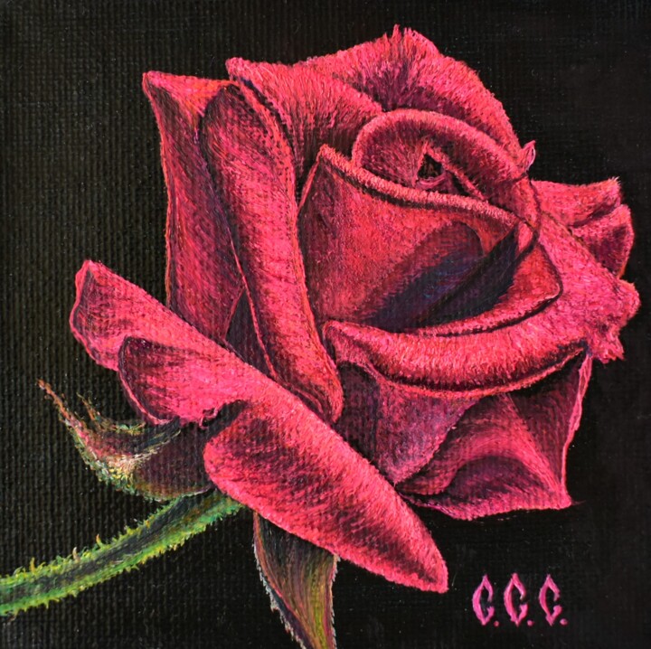 Painting titled "RED ROSE" in framed" by Sergey Suslov, Original Artwork, Oil Mounted on Cardboard
