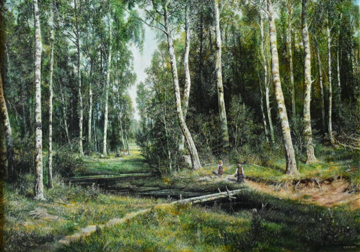 Pintura titulada "A stream in a birch…" por Sergey Suslov, Obra de arte original, Oleo Montado en Bastidor de camilla de mad…