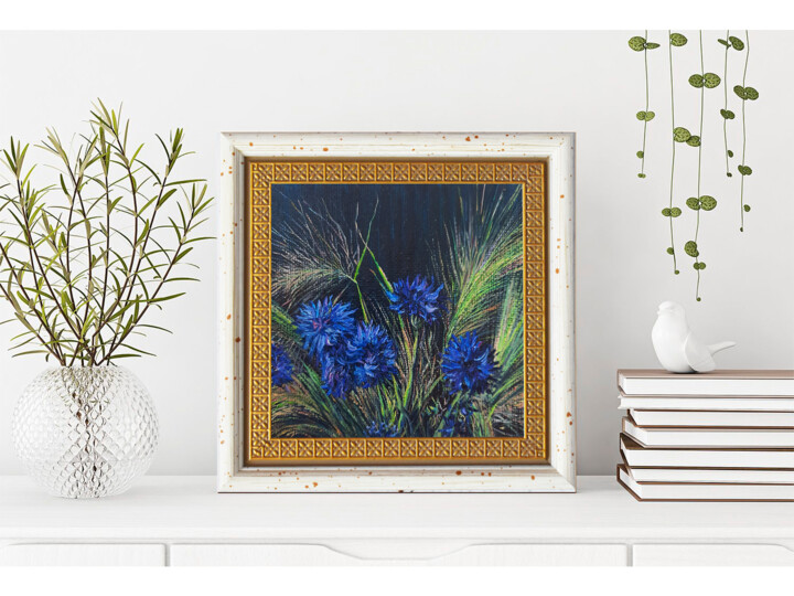 Peinture intitulée "Cornflowers in a fr…" par Sergey Suslov, Œuvre d'art originale, Huile Monté sur Carton