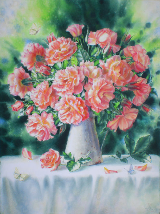 Painting titled "Westerland Roses" by Sergey Baybakov, Original Artwork, Watercolor