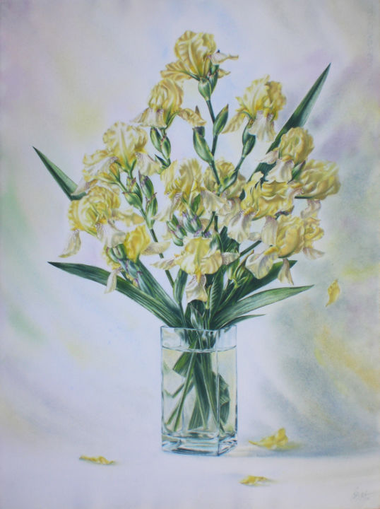 Peinture intitulée "Yellow irises" par Sergey Baybakov, Œuvre d'art originale, Aquarelle