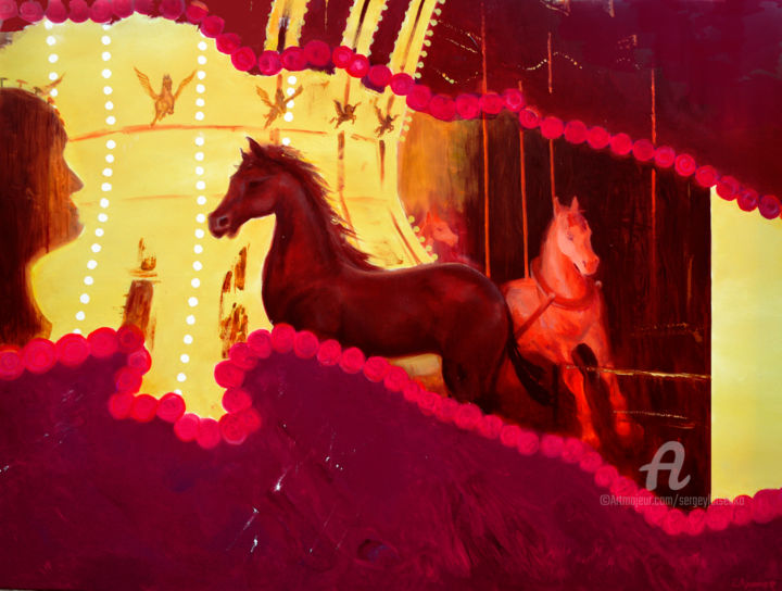 Painting titled "Merry-go-round" by Sergey Lutsenko, Original Artwork, Oil Mounted on Wood Stretcher frame