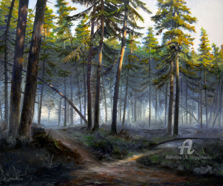 Malerei mit dem Titel "Forest Morning" von Sergey Lutsenko, Original-Kunstwerk, Öl Auf Keilrahmen aus Holz montiert