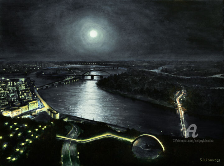 Malerei mit dem Titel "Kiev Summer Night" von Sergey Lutsenko, Original-Kunstwerk, Öl Auf Keilrahmen aus Holz montiert