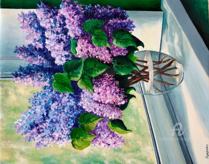Картина под названием "lilac Bouquet" - Sergey Lutsenko, Подлинное произведение искусства, Масло
