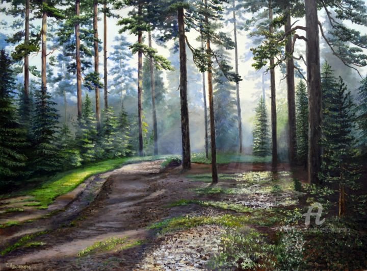 Painting titled "Forest silence" by Sergey Lutsenko, Original Artwork, Oil