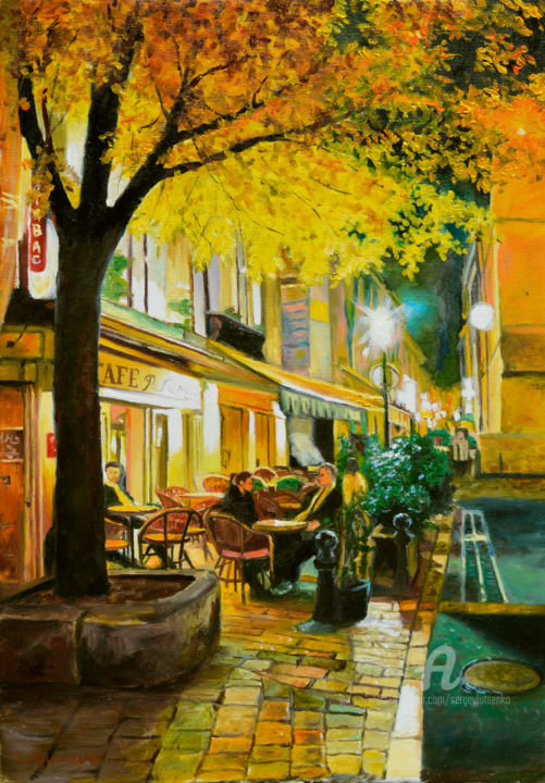 Peinture intitulée "Street cafe" par Sergey Lutsenko, Œuvre d'art originale, Huile