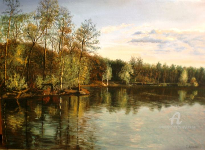 Картина под названием ""Sunset on the rive…" - Sergey Lutsenko, Подлинное произведение искусства, Масло