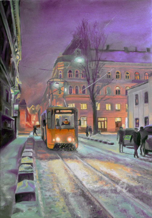 Painting titled "Winter in Lviv" by Sergey Lutsenko, Original Artwork, Oil