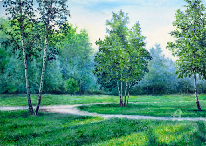 Painting titled "In the park" by Sergey Lutsenko, Original Artwork, Oil Mounted on Wood Stretcher frame