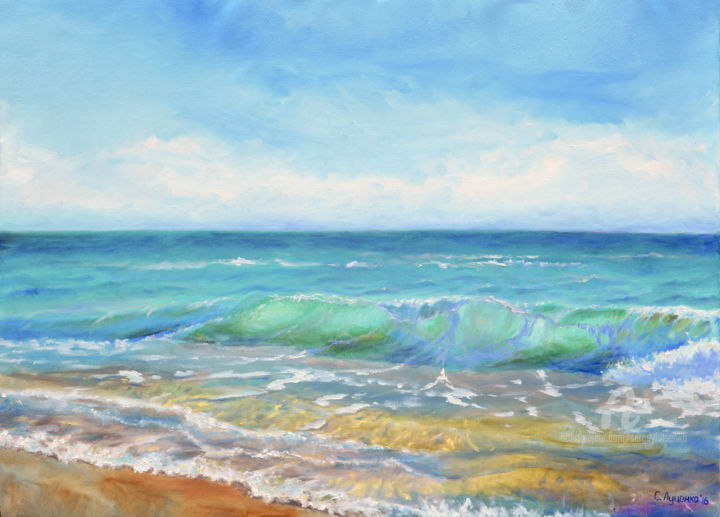 Painting titled "The morning sea" by Sergey Lutsenko, Original Artwork, Oil Mounted on Wood Stretcher frame