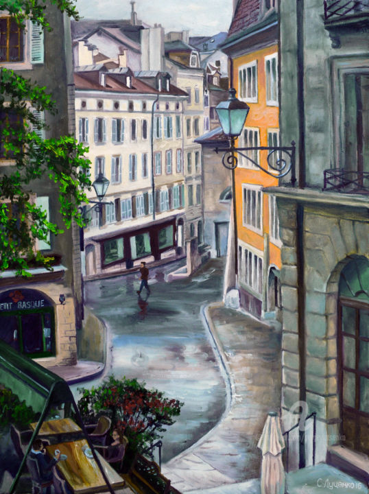 Painting titled "Streets Of Spain" by Sergey Lutsenko, Original Artwork, Oil Mounted on Wood Stretcher frame