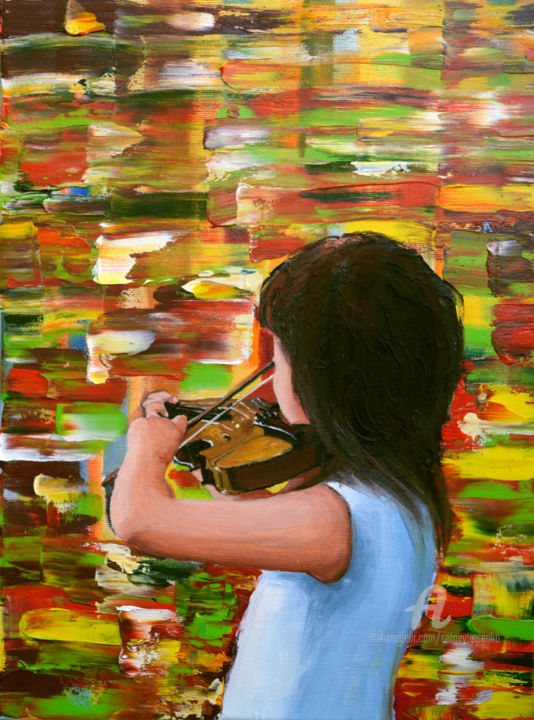 Schilderij getiteld "Young violinist" door Sergey Lutsenko, Origineel Kunstwerk, Olie Gemonteerd op Frame voor houten branca…