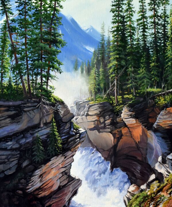 Painting titled "Mountain river on s…" by Serghei Ghetiu, Original Artwork, Oil