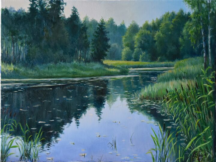 Painting titled "The forest lake" by Serghei Ghetiu, Original Artwork, Oil