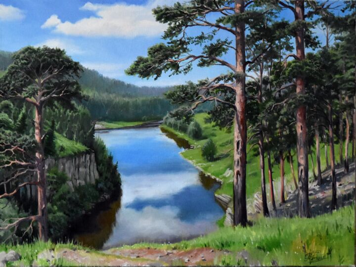Painting titled "Summer landscape wi…" by Serghei Ghetiu, Original Artwork, Oil