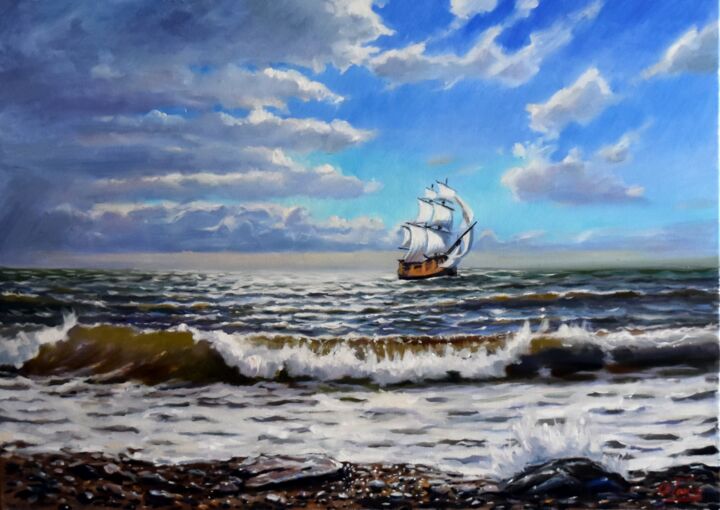 Painting titled "The sunny sea II" by Serghei Ghetiu, Original Artwork, Oil