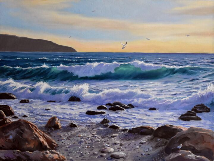 Painting titled "The evening seascape" by Serghei Ghetiu, Original Artwork, Oil