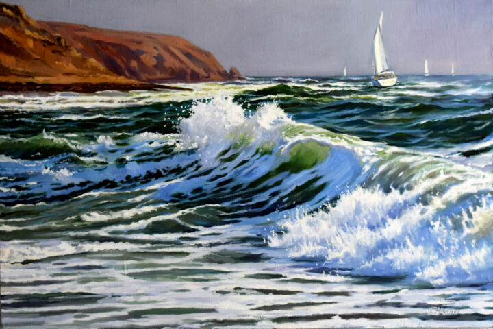 Painting titled "The wave II" by Serghei Ghetiu, Original Artwork, Oil