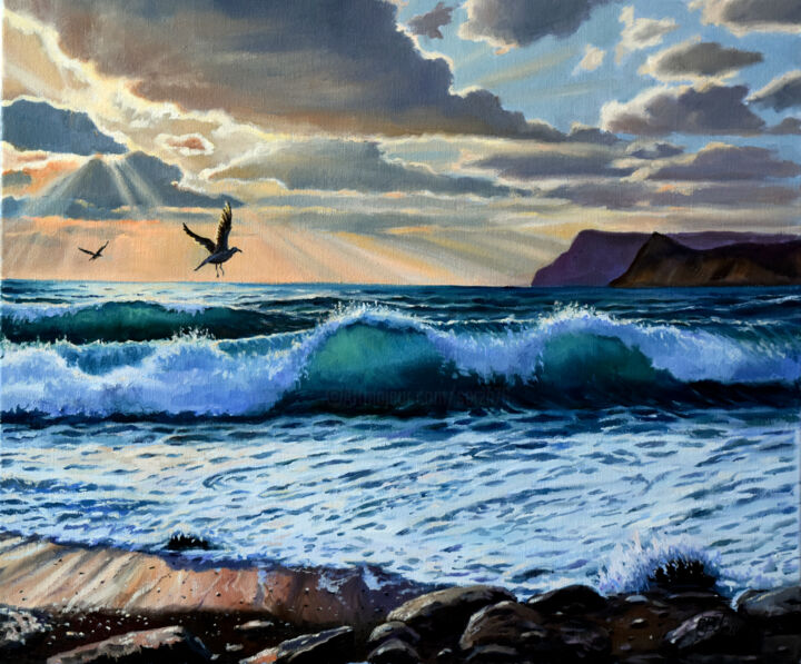 Peinture intitulée "The evening seascap…" par Serghei Ghetiu, Œuvre d'art originale, Huile