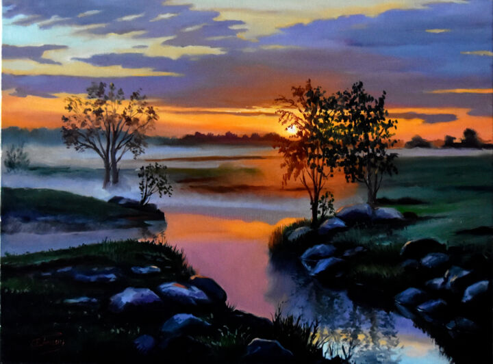 Painting titled "The foggy evening" by Serghei Ghetiu, Original Artwork, Oil