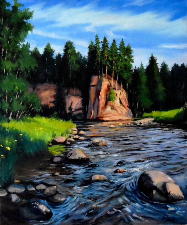 Malerei mit dem Titel "The forest river" von Serghei Ghetiu, Original-Kunstwerk, Öl