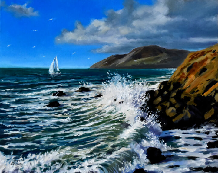 Painting titled "Sunny seascape" by Serghei Ghetiu, Original Artwork, Oil