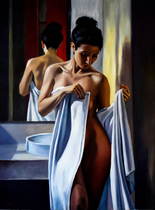 Painting titled "After shower" by Serghei Ghetiu, Original Artwork, Oil