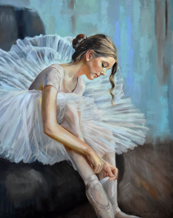 Painting titled "Ballerina, preparin…" by Serghei Ghetiu, Original Artwork, Oil Mounted on Wood Stretcher frame