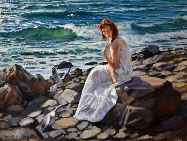 Painting titled "On the sea beach" by Serghei Ghetiu, Original Artwork, Oil Mounted on Wood Stretcher frame