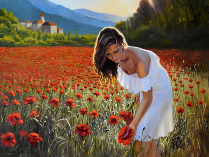 Painting titled "The field of red po…" by Serghei Ghetiu, Original Artwork, Oil Mounted on Wood Stretcher frame