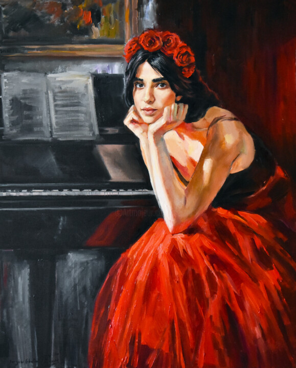 Painting titled "The piano player" by Serghei Ghetiu, Original Artwork, Oil Mounted on Wood Stretcher frame