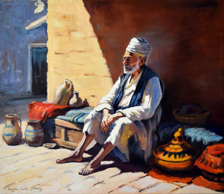 Painting titled "An old man portrait…" by Serghei Ghetiu, Original Artwork, Oil Mounted on Wood Stretcher frame