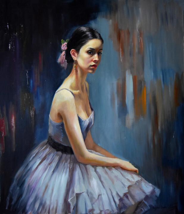 Painting titled "Ballerina, the dark…" by Serghei Ghetiu, Original Artwork, Oil Mounted on Wood Stretcher frame