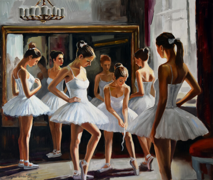 Painting titled "The ballet studio" by Serghei Ghetiu, Original Artwork, Oil Mounted on Wood Stretcher frame