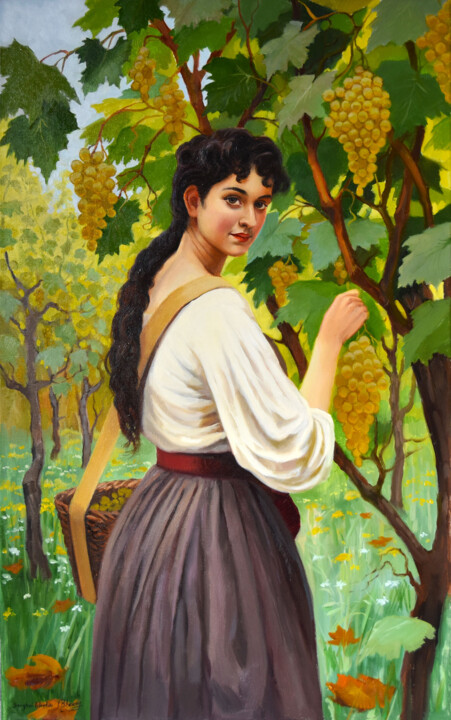 Painting titled "The grape picker" by Serghei Ghetiu, Original Artwork, Oil Mounted on Wood Stretcher frame