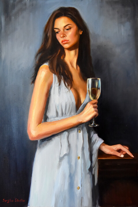 Painting titled "Young beauty with a…" by Serghei Ghetiu, Original Artwork, Oil Mounted on Wood Stretcher frame