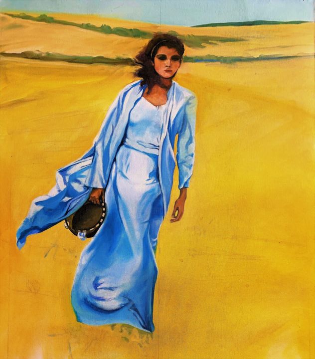Painting titled "Girl with a tambour…" by Sergii Selega, Original Artwork, Oil