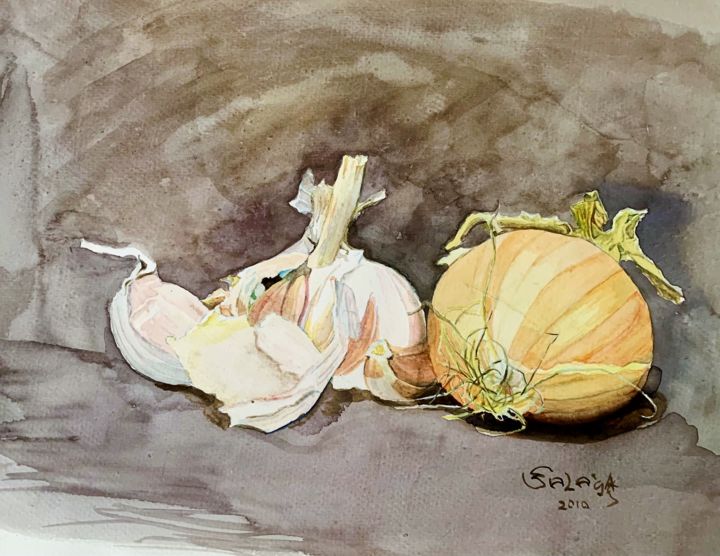 Картина под названием "Garlic and onion" - Sergii Selega, Подлинное произведение искусства, Акварель