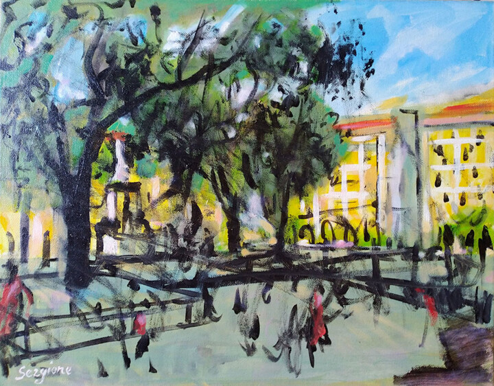 Painting titled "PIAZZA GARIBALDI A…" by Sergio Carcereri, Original Artwork, Oil Mounted on Wood Stretcher frame