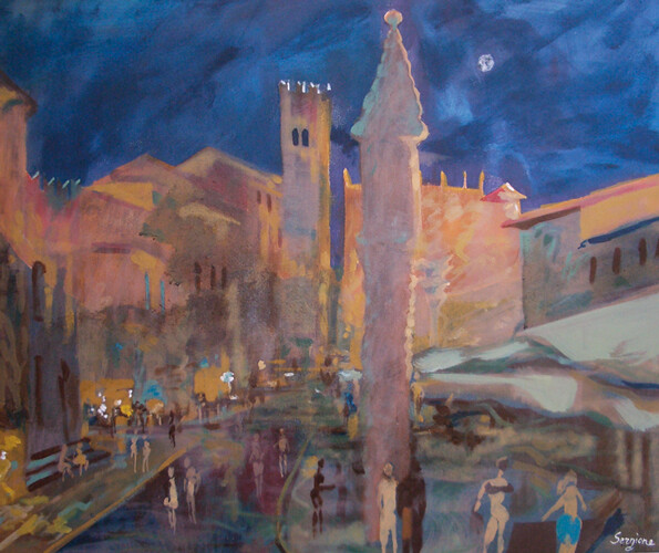 Painting titled "Piazza erbe notturn…" by Sergio Carcereri, Original Artwork, Oil Mounted on Wood Stretcher frame