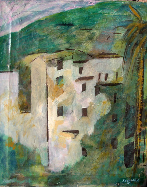 Painting titled "Scorcio Ligure" by Sergio Carcereri, Original Artwork, Oil Mounted on Wood Stretcher frame