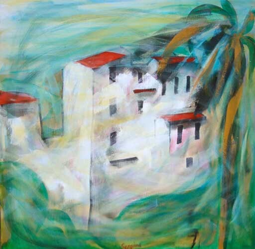 Painting titled "Scorcio Ligure 5" by Sergio Carcereri, Original Artwork, Oil Mounted on Wood Stretcher frame