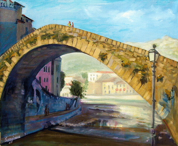 Painting titled "Il ponte di Dolceac…" by Sergio Carcereri, Original Artwork, Oil