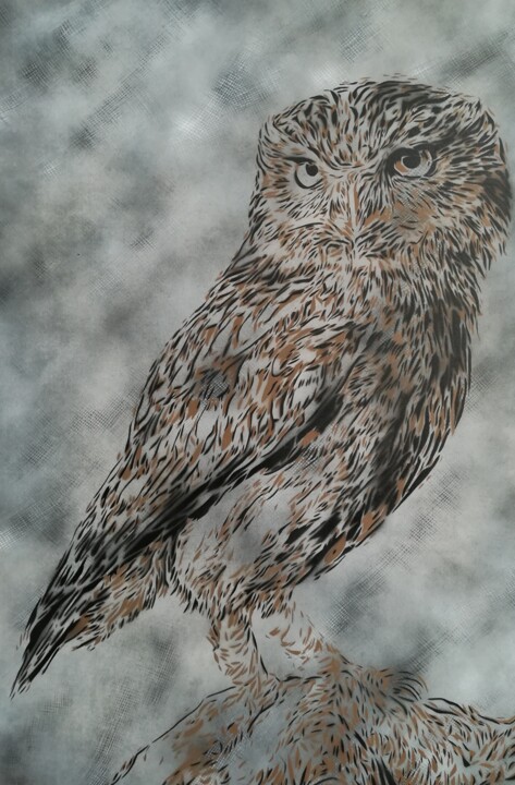 Painting titled "Owl" by Sérgio Clemente, Original Artwork, Spray paint