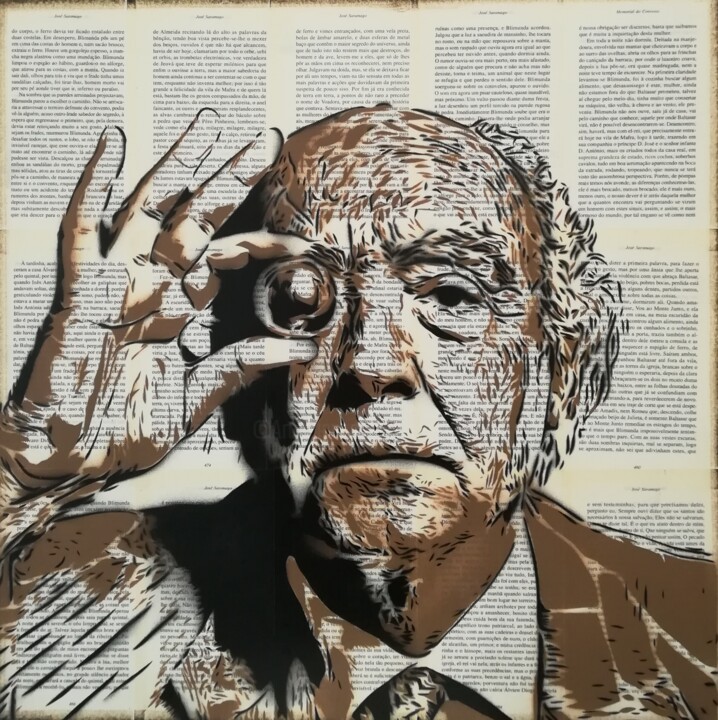 Malerei mit dem Titel "José Saramago" von Sérgio Clemente, Original-Kunstwerk, Acryl Auf Keilrahmen aus Holz montiert