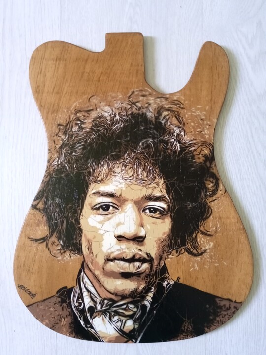 Schilderij getiteld "Jimi Hendrix Guitar" door Sérgio Clemente, Origineel Kunstwerk, Acryl