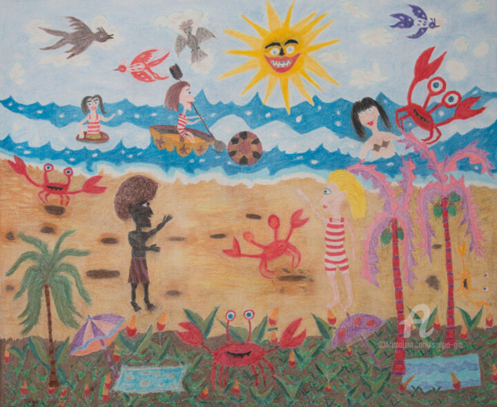Pittura intitolato "A praia" da Sergio Gio, Opera d'arte originale, Pastello